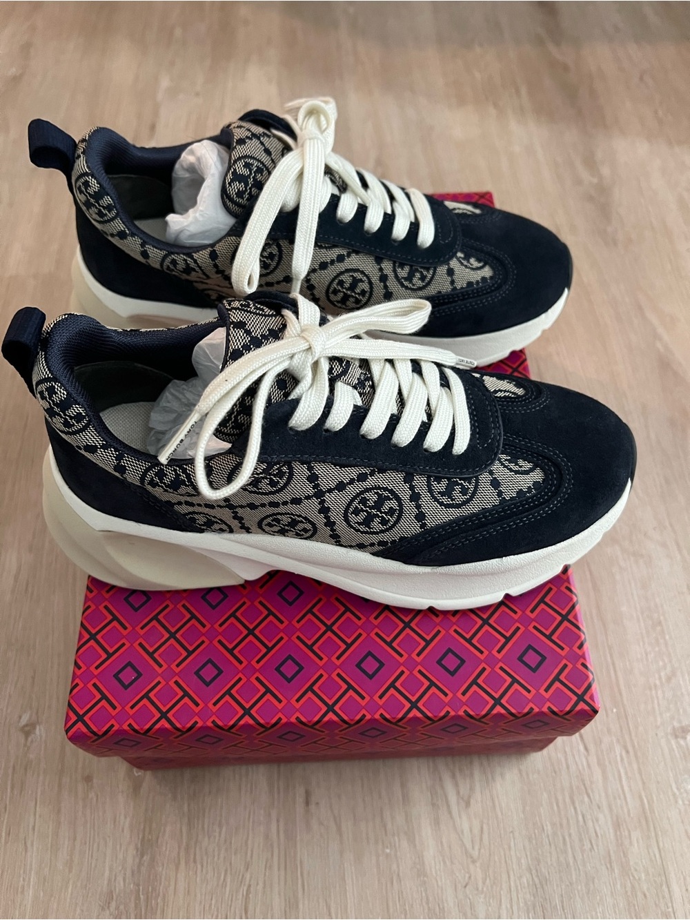 Tory Burch Blue and Beige Logo Runner Sneakers